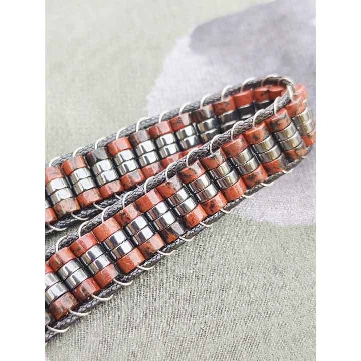 Obsidyen Doğal Taş Kahverengi Örme Erkek Bilekliği 4X2 mm