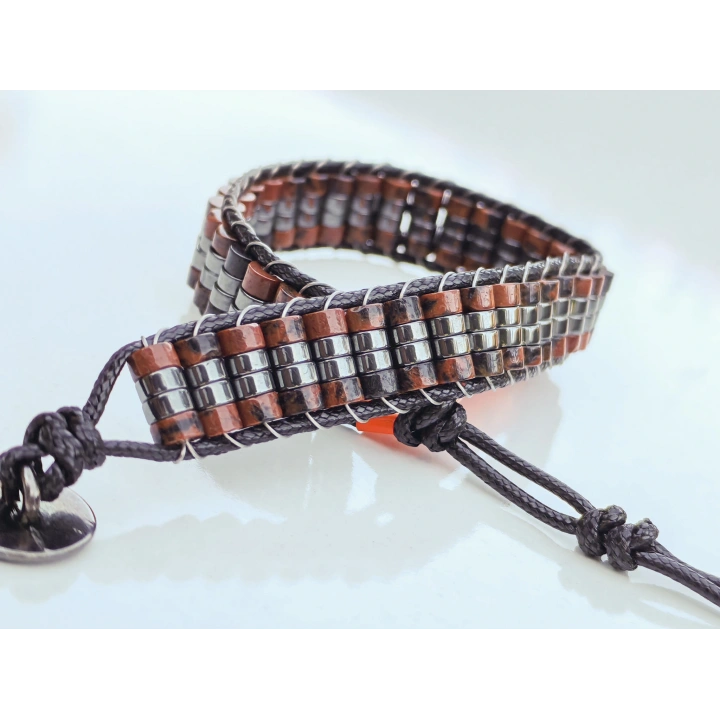 Obsidyen Doğal Taş Kahverengi Örme Erkek Bilekliği 4X2 mm