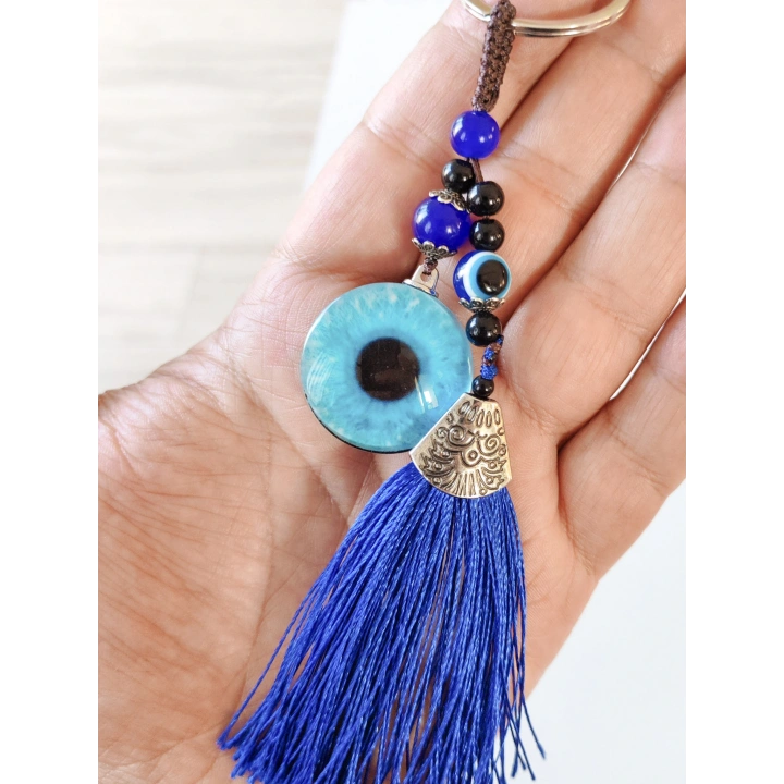 Püsküllü Nazar Boncuklu Mavi Cam Anahtarlık