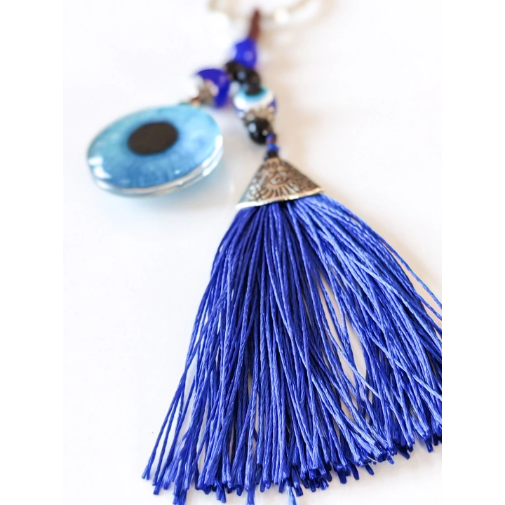 Püsküllü Nazar Boncuklu Mavi Cam Anahtarlık