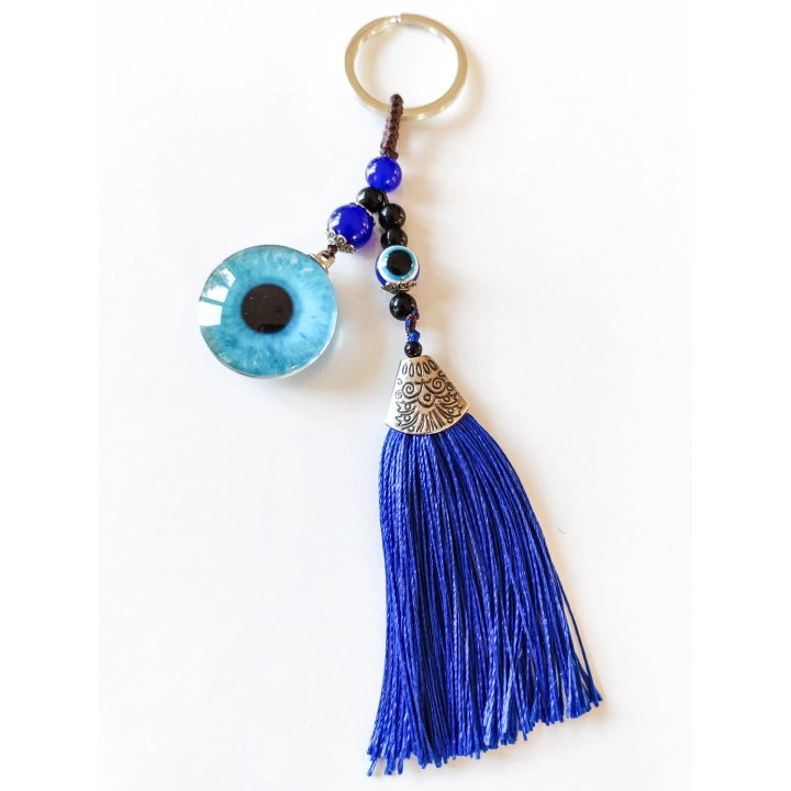 Püsküllü Nazar Boncuklu Mavi Cam Anahtarlık