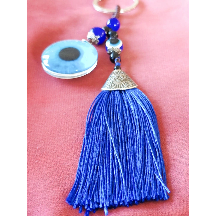 Püsküllü Nazar Boncuklu Mavi Cam Anahtarlık