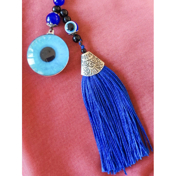 Püsküllü Nazar Boncuklu Mavi Cam Anahtarlık