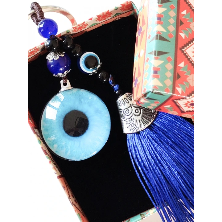 Püsküllü Nazar Boncuklu Mavi Cam Anahtarlık