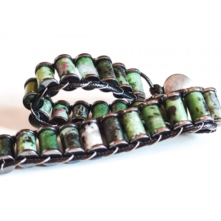 Ruby Zoisit Yeşil Doğal Taş Örme Erkek Bilekliği 4X2 mm