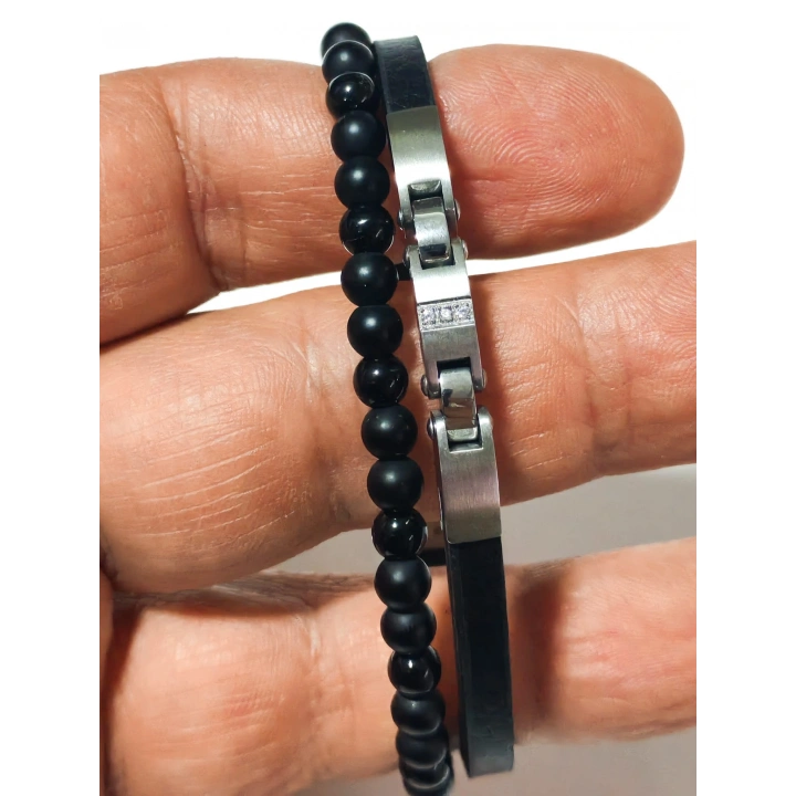 Siyah Deri ve Çelik Erkek Bileklik