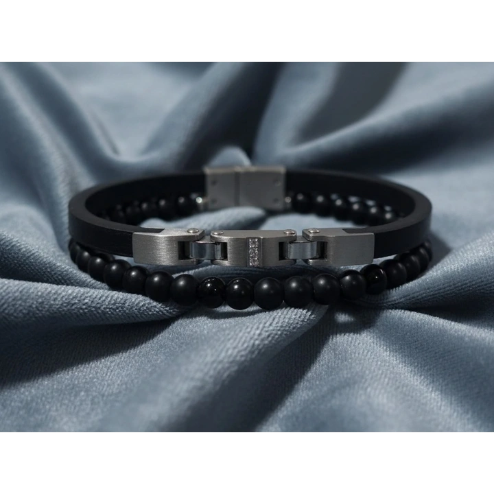 Siyah Deri ve Çelik Erkek Bileklik
