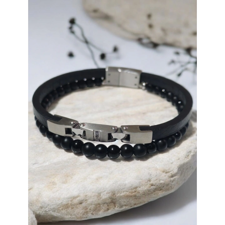 Siyah Deri ve Çelik Erkek Bileklik