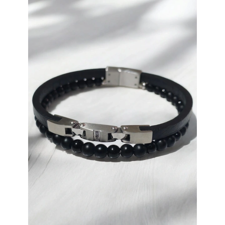 Siyah Deri ve Çelik Erkek Bileklik