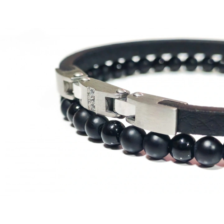 Siyah Deri ve Çelik Erkek Bileklik
