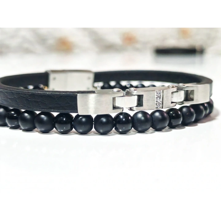 Siyah Deri ve Çelik Erkek Bileklik