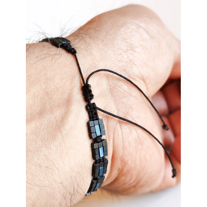 Siyah-Mavi Hematit Taşlı Ayarlanabilir Erkek Bileklik