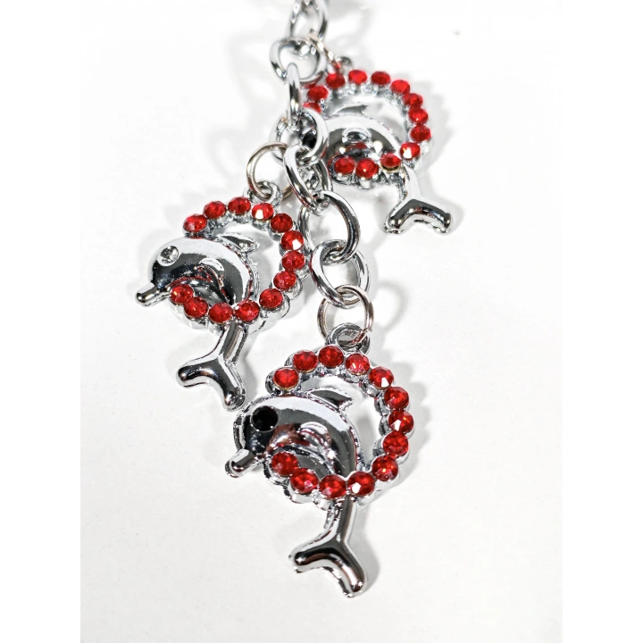 Kırmızı Taşlı Halkalar İçinde Yunus Balıklarından Metal Anahtarlık