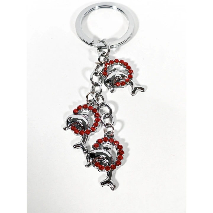 Kırmızı Taşlı Halkalar İçinde Yunus Balıklarından Metal Anahtarlık