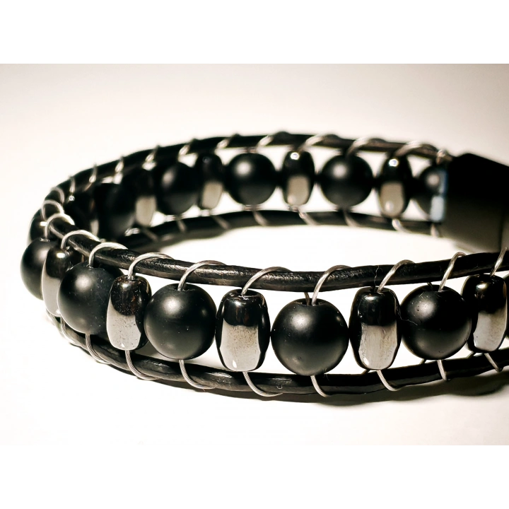 Yuvarlak ve Oval Taşlı Siyah-Gri Erkek Bileklik - Sevgililer Günü Hediyesi