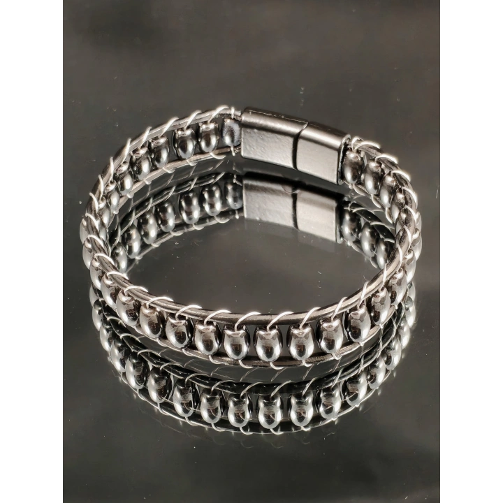 Yuvarlak ve Oval Taşlı Siyah-Gri Erkek Bileklik - Sevgililer Günü Hediyesi