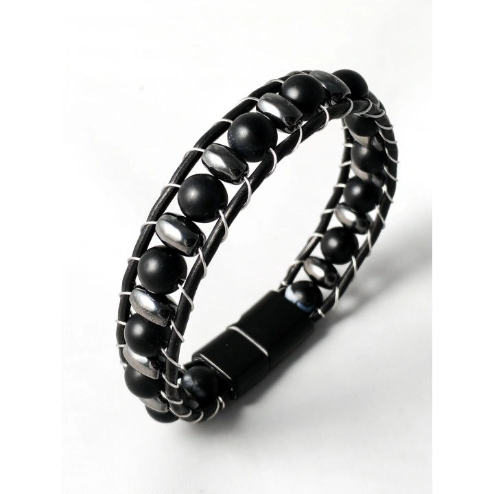 Yuvarlak ve Oval Taşlı Siyah-Gri Erkek Bileklik - Sevgililer Günü Hediyesi