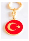 Yuvarlak Kırmızı Zeminde Sarı Altın Renkli Ay Yıldız Figürlü Anahtarlık