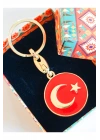 Yuvarlak Kırmızı Zeminde Sarı Altın Renkli Ay Yıldız Figürlü Anahtarlık