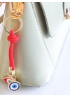 İpli Kırmızı Mavi Nazar Boncuklu Metal ve Cam Çanta Süsü
