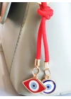 İpli Kırmızı Mavi Nazar Boncuklu Metal ve Cam Çanta Süsü