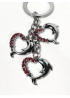 Pembe Taşlı Kalp Şeklinde Yunus Balıklarından Metal Anahtarlık