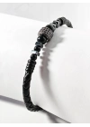 Siyah Örgü Deri ve Zirkon, Hematit, Oniks Taşlı Yaylı Erkek Bileklik – Doğal Şıklık ve Modern Detaylar