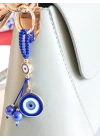 İpli Mavi Nazar Boncuklu Püsküllü Metal Çanta Süsü