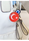İpli Türk Bayraklı Nazar Boncuklu Cam Çanta Süsü