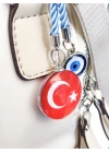 İpli Türk Bayraklı Nazar Boncuklu Cam Çanta Süsü