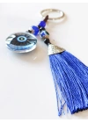 Mavi Püsküllü Göz Desenli Cam Anahtarlık