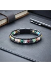 Moncuk Design 6Mm Çakra Akik Taşlı Deri Kordon Ve Çelik Bileklik 33512B2D6M5