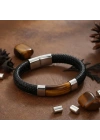 Moncuk Design Kaplan Gözü Taşlı Siyah Deri Erkek Çelik Bileklik 33514B6D1