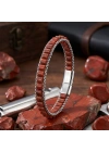 Moncuk Design  Kırmızı Jasper Doğal Taşlı Hasır Örgü Zincirli Erkek Çelik Bileklik 33512B28D18