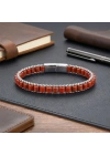 Moncuk Design  Kırmızı Jasper Doğal Taşlı Hasır Örgü Zincirli Erkek Çelik Bileklik 33512B28D18
