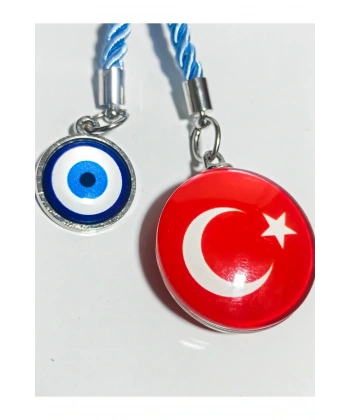 Türk Bayraklı Cam Boncuklu ve Nazar Boncuklu Anahtarlık