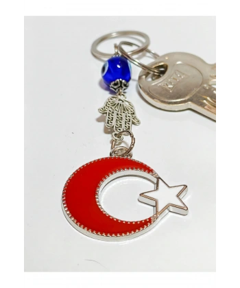 Metal Ay Yıldızlı Türk Bayraklı ve Metal Fatımanın Eli-Hamsalı Anahtarlık