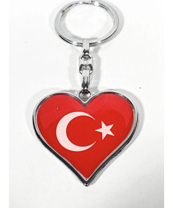 Kalp Şeklinde Kırmızı Türk Bayraklı Metal Anahtarlık