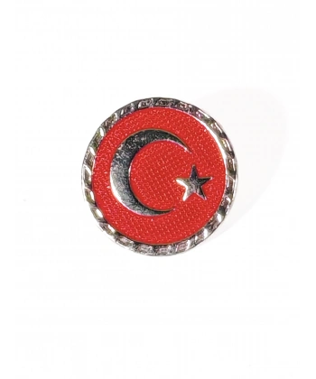 Kırmızı Zeminde Ay Yıldız Kabartmalı Yuvarlak Metal Rozet