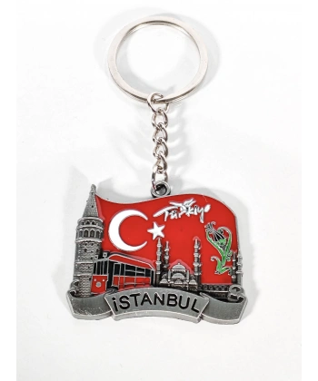 Türk Bayrağı Zeminli İstanbul Silüeti Anahtarlık Eskitme Gümüş – Tarihi ve Milli Şık Çanta & Anahtar Aksesuarı