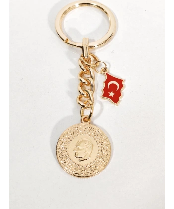 Atatürk Silüetli Altın Para ve Türkiye Haritası Anahtarlık Gold Renk – Milli ve Geleneksel Şık Çanta & Anahtar Aksesuarı