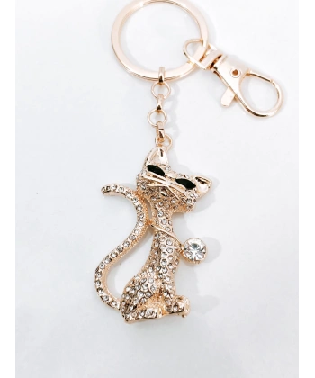 Zirkon Taşlı Rose Gold Kedi Figürlü Lüks Anahtarlık & Çanta Aksesuarı