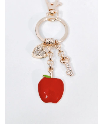 Zirkon Taşlı Kalp ve Anahtar Detaylı Kırmızı Elma Figürlü Rose Gold Anahtarlık