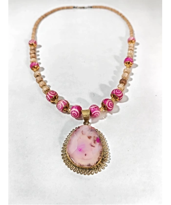 Kadın Gold Renk Pembe Akik Etnik Taşlı Bohem Kolye - El Yapımı Tasarım Şık Takı