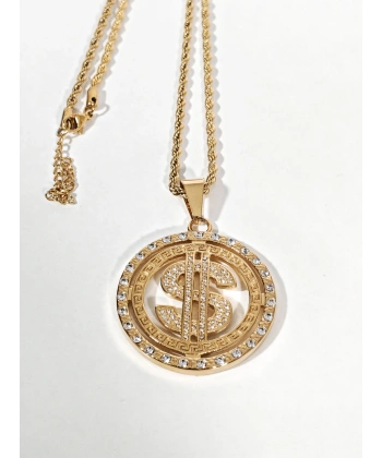 Dolar Figürlü Taşlı Gold Kolye - İddialı ve Gösterişli Tasarım