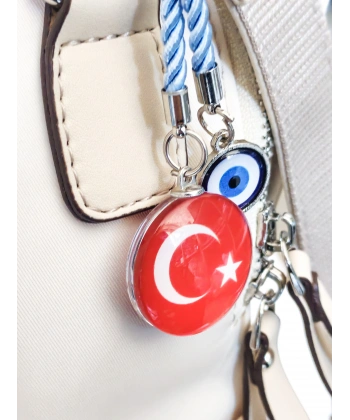 İpli Türk Bayraklı Nazar Boncuklu Cam Çanta Süsü