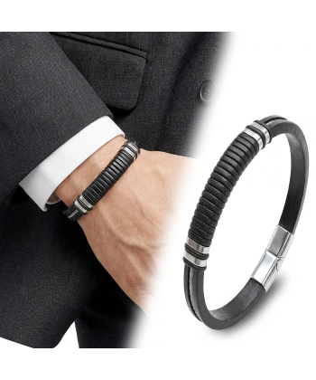 Moncuk Design Siyah Deri ve 316L Halat Çelik Erkek Bileklik 33514B19D2