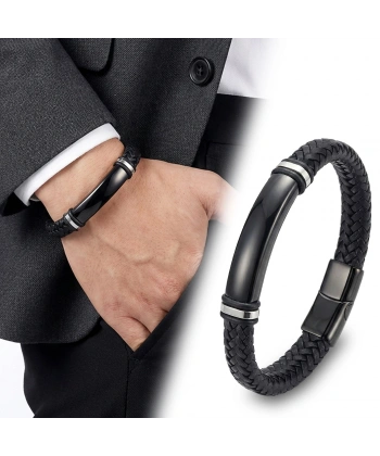 Moncuk Design İsim Yazılabilir Siyah Deri Ve Siyah Titanyum Kilit Bileklik 33513B15D4