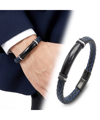 Moncuk Design İsim Yazılabilir Mavi Siyah Deri Ve Siyah Titanyum Kilit Bileklik 33513B15D5