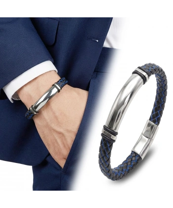 Moncuk Design İsim Yazılabilir Mavi Siyah Deri Ve Beyaz Titanyum Kilit Bileklik 33513B15D6